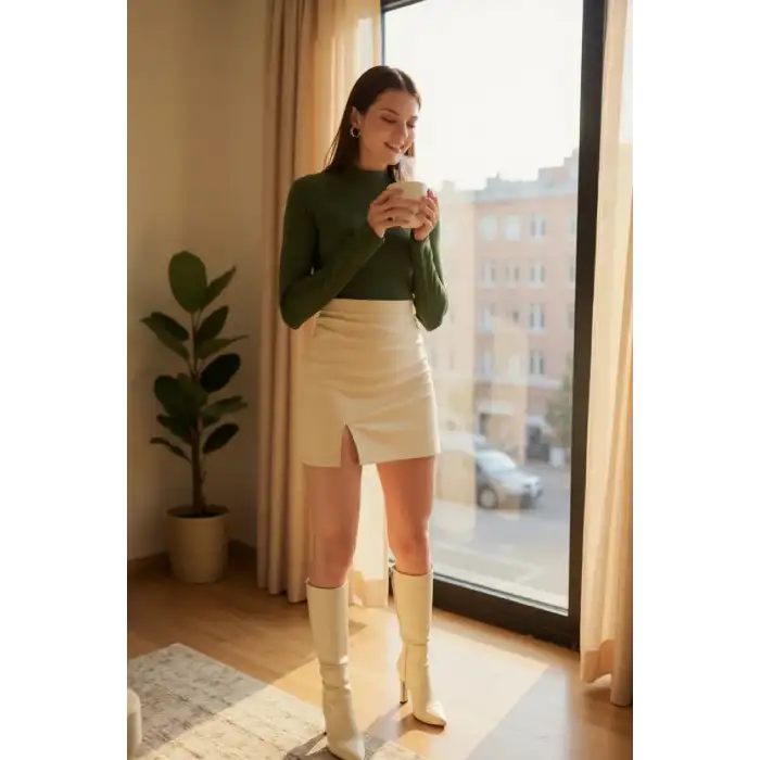 Kadın Haki Yeşili Parmak Detaylı Esnek Uzun Kollu Body