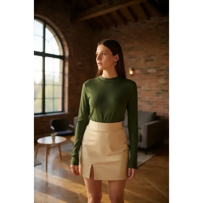 Kadın Haki Yeşili Parmak Detaylı Esnek Uzun Kollu Body