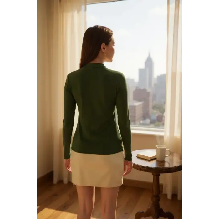 Kadın Haki Yeşili Parmak Detaylı Esnek Uzun Kollu Body