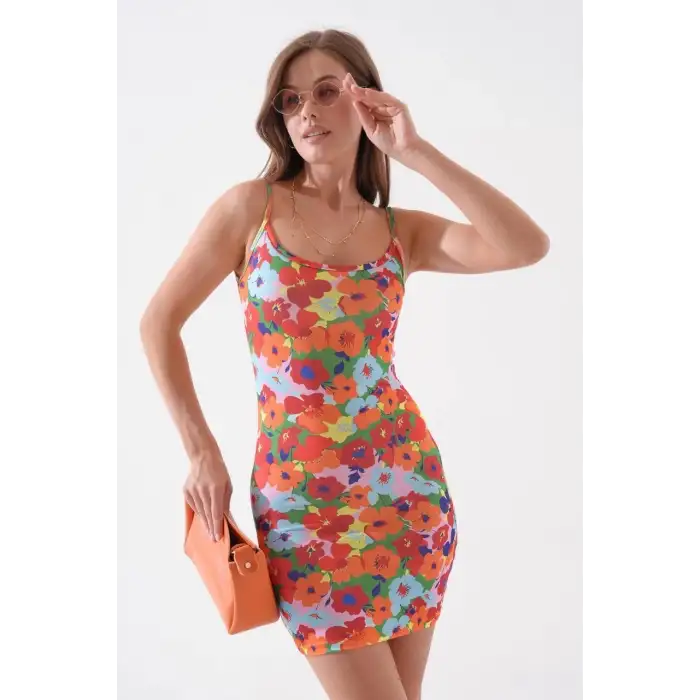 Kadın ince askılı desenli elbise s8105