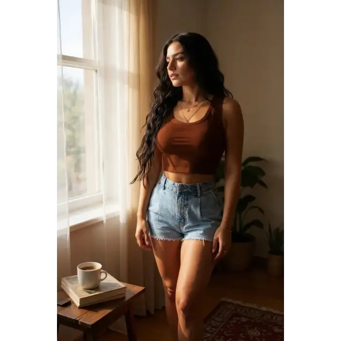 Kadın Kahverengi Kare Yaka Crop Top Bluz – Şık, Rahat ve Kolay Kombinlenebilir