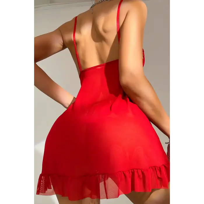 Kadın Kırmızı Dantelli, Fırfırlı Tül ve Fiyonk Detaylı Tangalı Gecelik Takımı – Modern, Konforlu