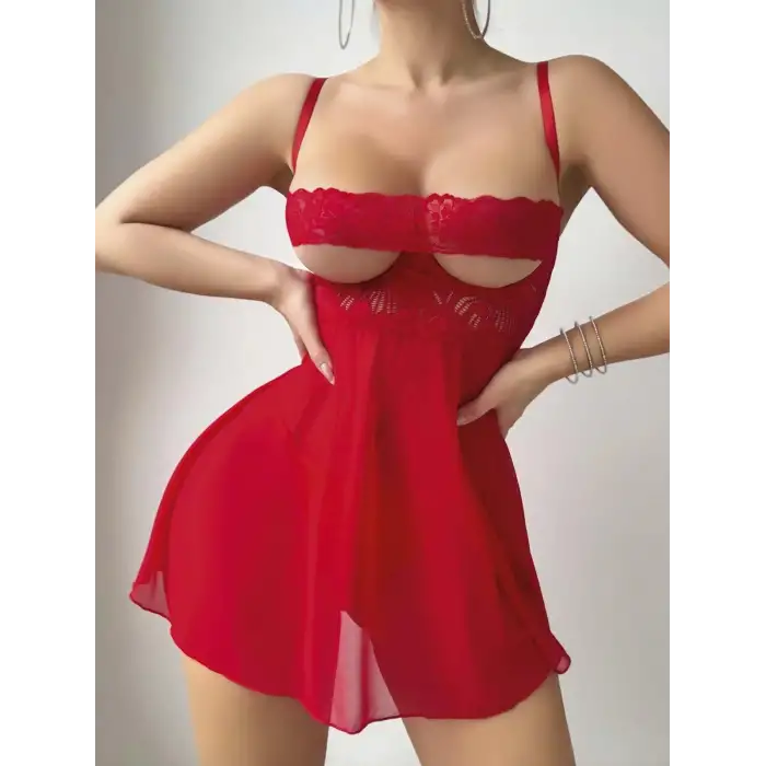 Kadın Kırmızı Fantezi Gecelik Tül Göğüs Dantel Dekolteli 2192