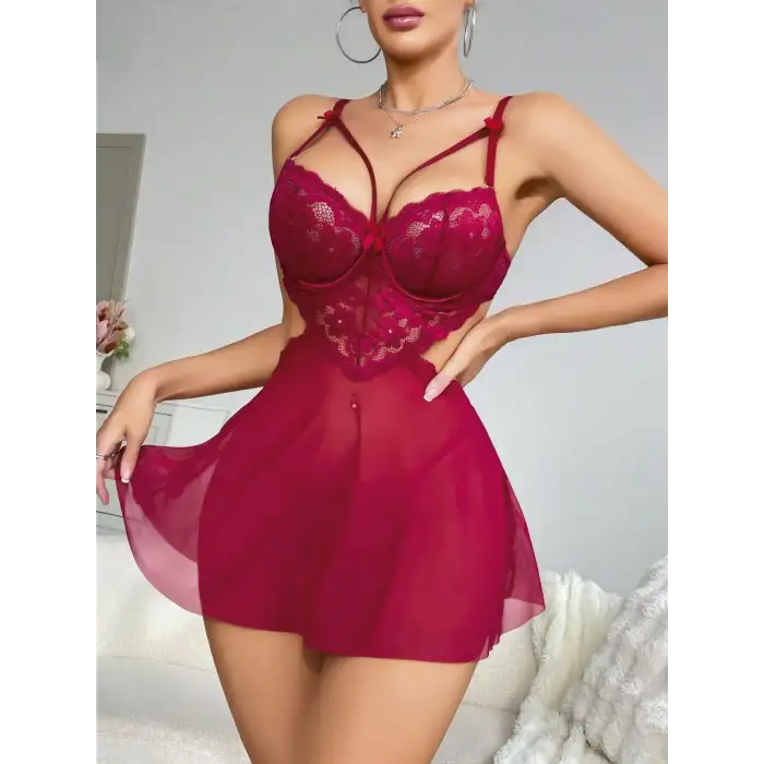 Kadın Kırmızı Fantezi Gecelik Tül Göğüs Dantel Dekolteli Fiyok detaylı 2162