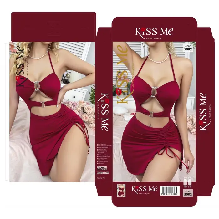 Kadın Kırmızı Fantezi Elbise Önden Büzgü Dekolteli 5082