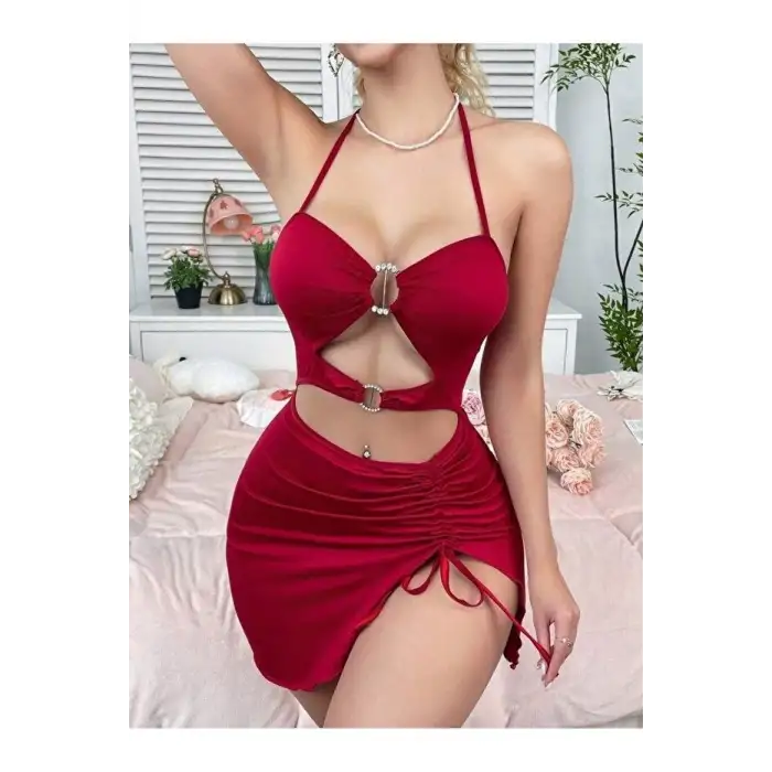 Kadın Kırmızı Fantezi Elbise Önden Büzgü Dekolteli 5082