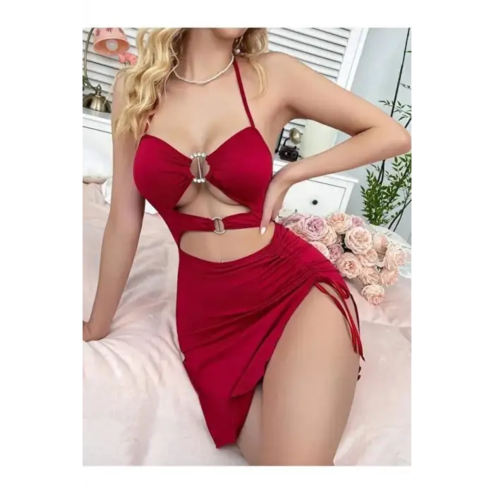 Kadın Kırmızı Fantezi Elbise Önden Büzgü Dekolteli 5082