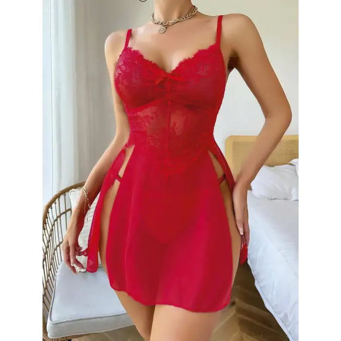 Kadın Kırmızı Fantezi Gecelik Tül Fiyonk detaylı Yanları Dekolteli 2160