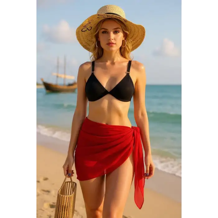 Kadın Kırmızı Transparan Belden Bağlamalı Pareo – Modern ve Şık Tasarım