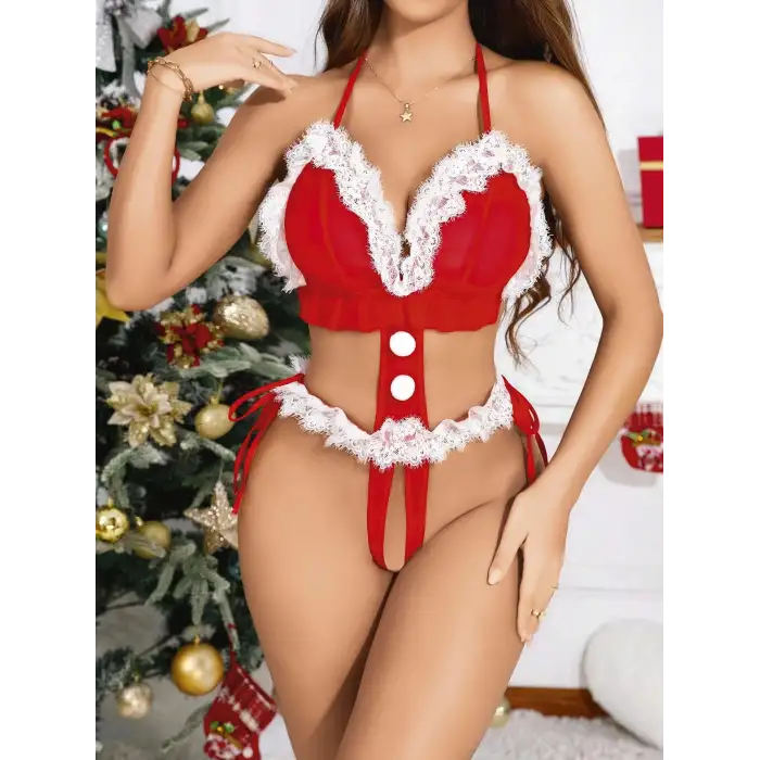 Kadın Kırmızı Yılbaşı Babydoll Sexy Kostüm 2166