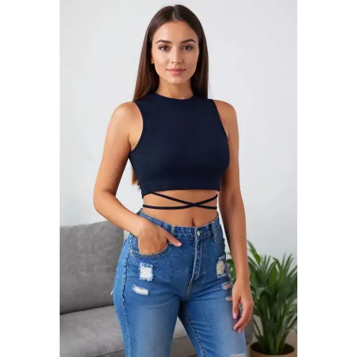 Kadın Lacivert Çapraz Bağlamalı Crop Top Büstiyer – Modern ve Şık Tasarım