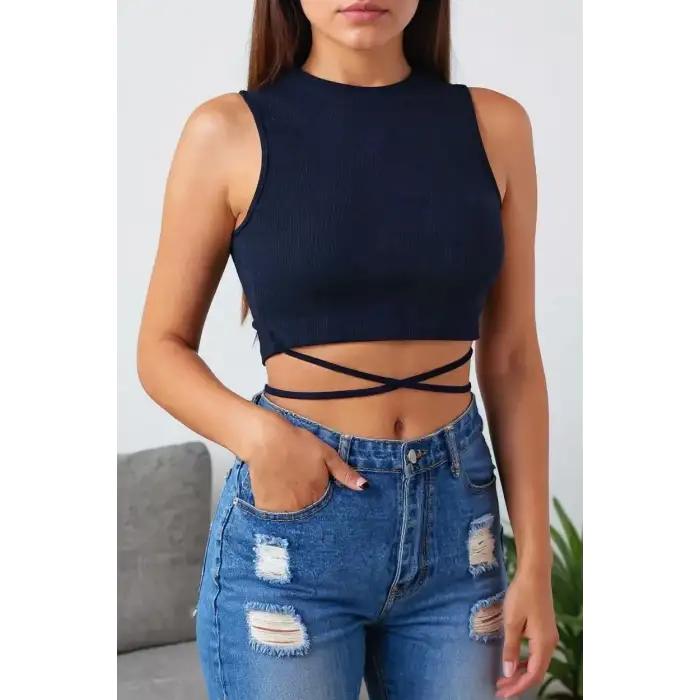 Kadın Lacivert Çapraz Bağlamalı Crop Top Büstiyer – Modern ve Şık Tasarım