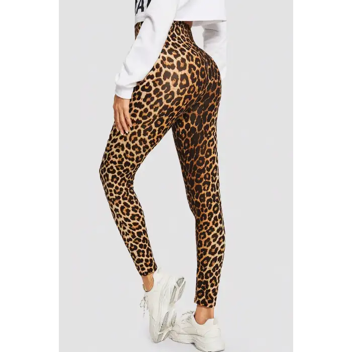 Kadın Leopar Desenli Yüksek Bel Dar Kesim Esnek Tayt – Modern ve Şık Tasarım