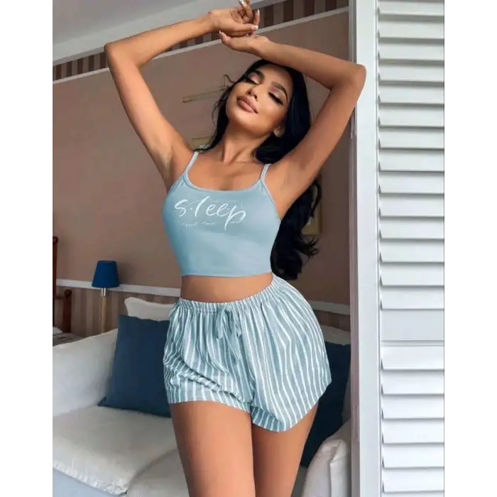 Kadın Mavi Çizgili Desenli Askılı Şortlu Pijama Takım 5001
