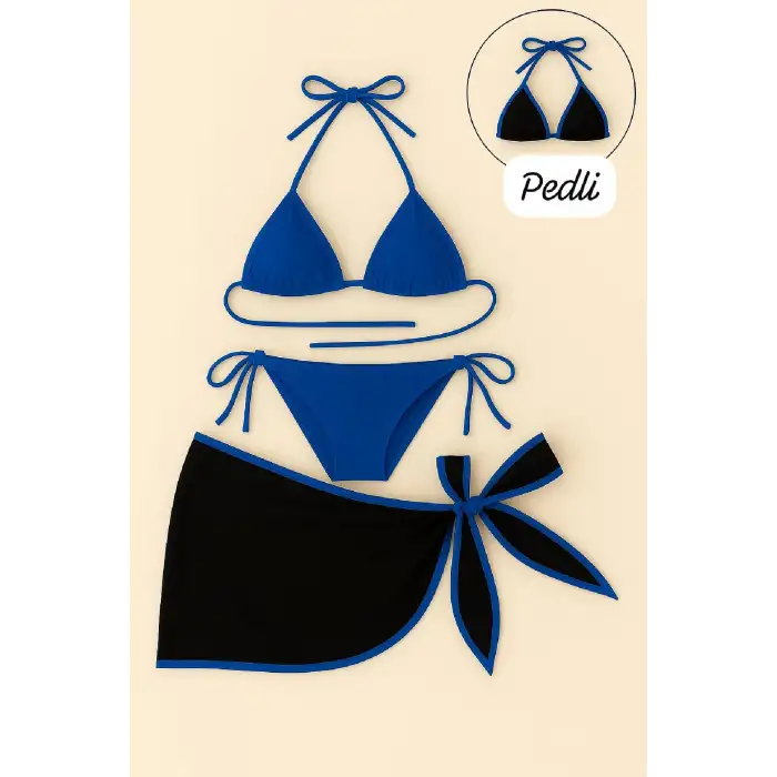 Kadın Mavi Pareolu Yandan ve Boyundan Bağlamalı 3lü Bikini Takımı – Modern, Konforlu ve Günlük Kombinlere Uygun