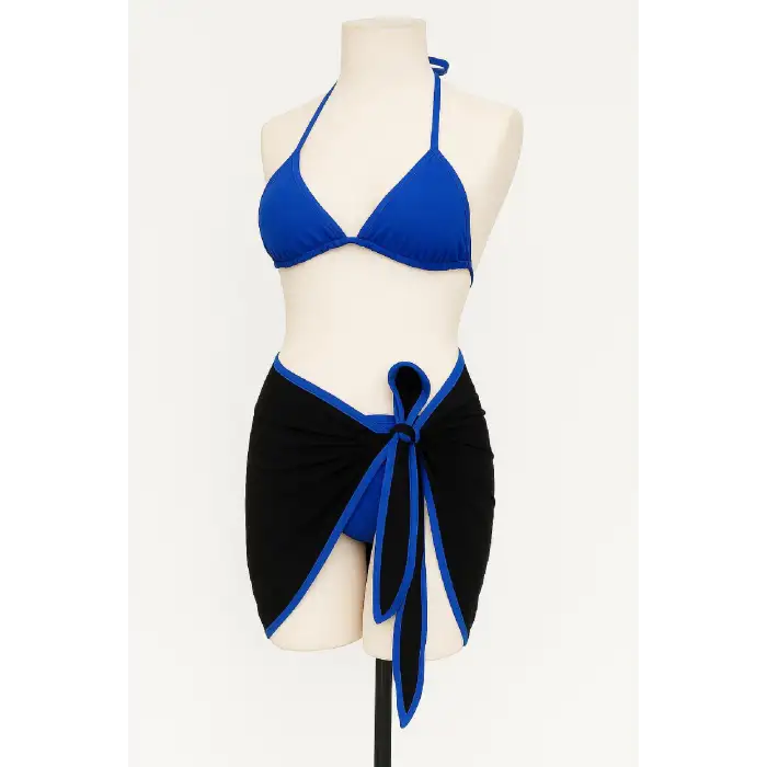 Kadın Mavi Pareolu Yandan ve Boyundan Bağlamalı 3lü Bikini Takımı – Modern, Konforlu ve Günlük Kombinlere Uygun