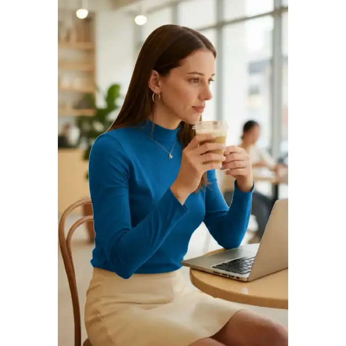 Kadın Mavi Parmak Detaylı Esnek Uzun Kollu Body