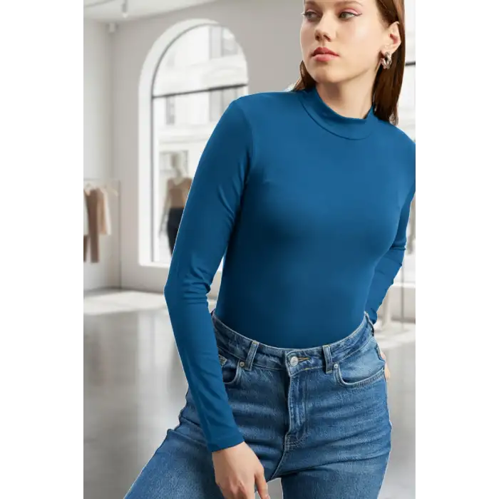Kadın Mavi Parmak Detaylı Esnek Uzun Kollu Body