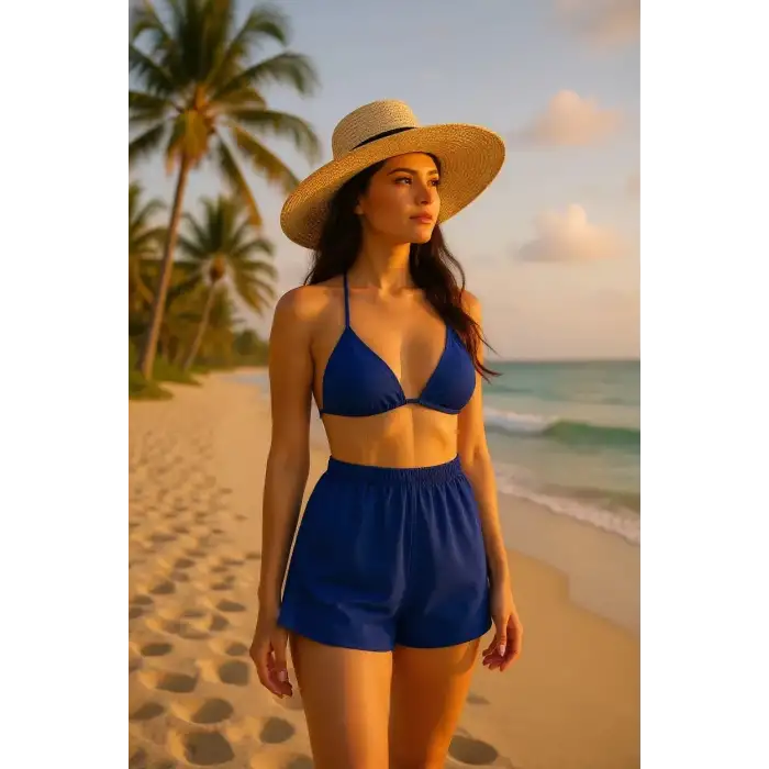 Kadın Mavi Şortlu Belden ve Boyundan Bağlamalı Bikini Takımı – Modern, Konforlu ve Günlük Kombinlere Uygun