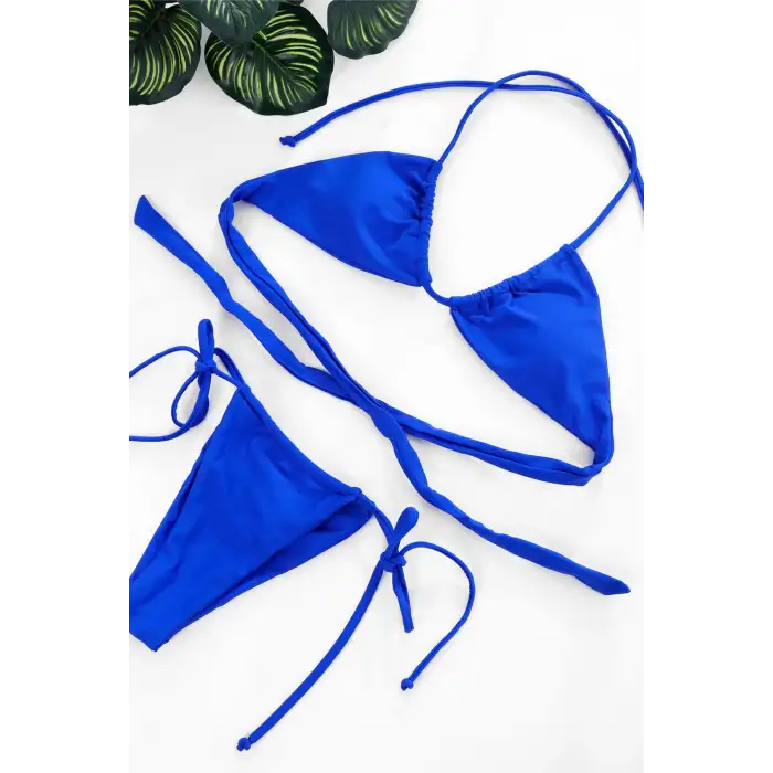 Kadın Mavi Yandan Bağlamalı Tangalı Üçgen Bikini Mayo Takımı – Modern, Konforlu ve Günlük Kombinlere Uygun