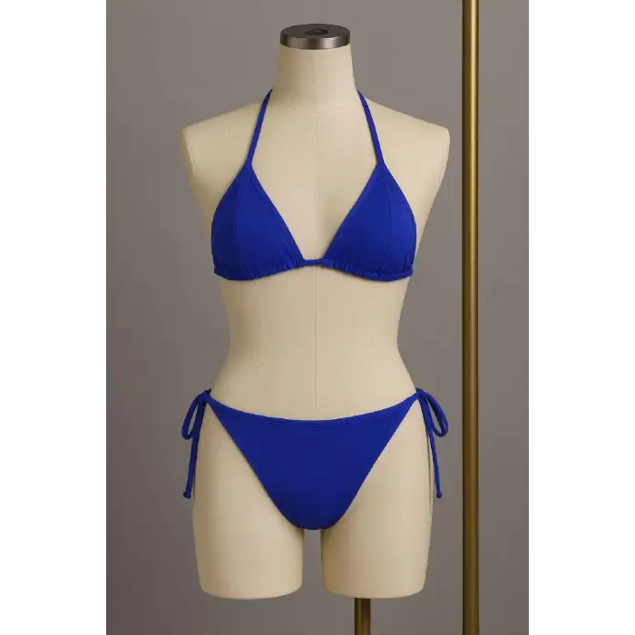 Kadın Mavi Yandan ve Boyundan Bağlamalı Bikini Mayo Takımı