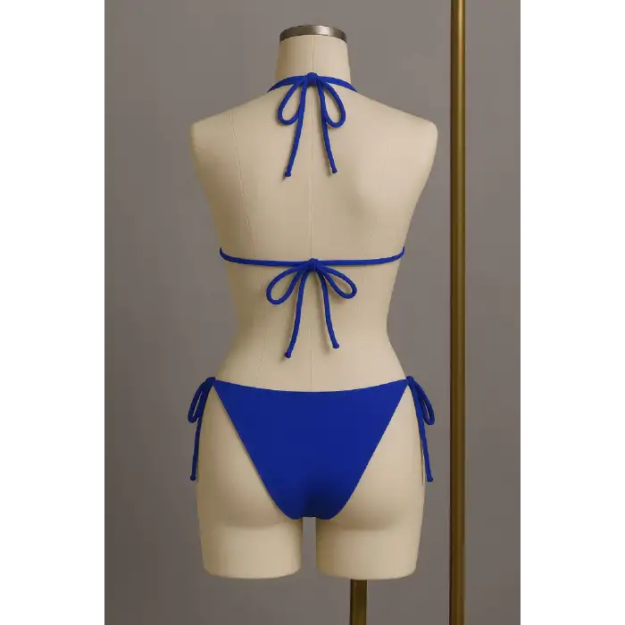 Kadın Mavi Yandan ve Boyundan Bağlamalı Bikini Mayo Takımı