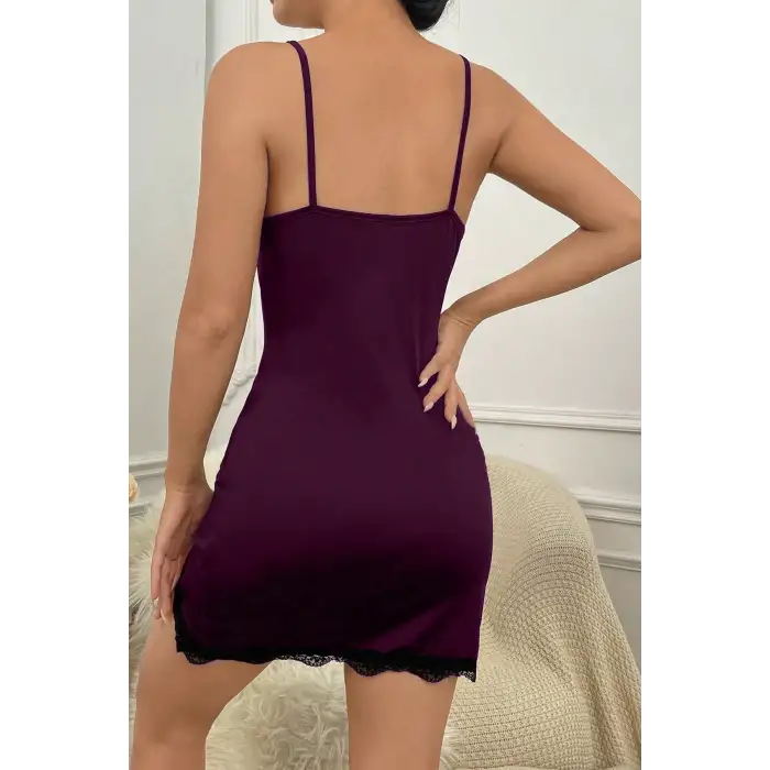 Kadın Mor Göğsü ve Bacakları Dantelli Yırtmaçlı Şık Gecelik – Modern ve Şık Tasarım