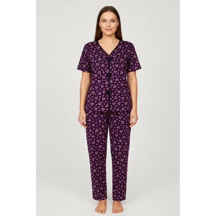 Kadın Mor Kalp Desenli Fiyonklu Kısa Kollu Uzun Pijama Takımı
