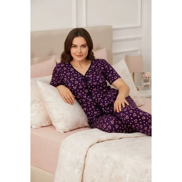 Kadın Mor Kalp Desenli Fiyonklu Kısa Kollu Uzun Pijama Takımı