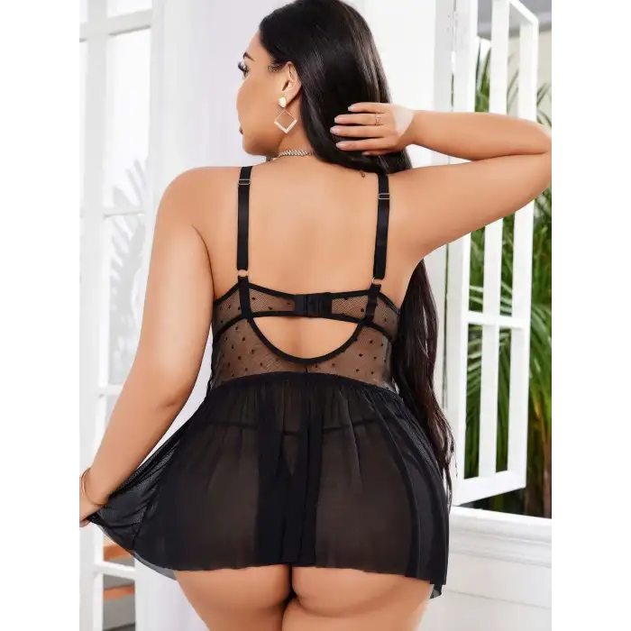 Kadın Nakışlı Siyah Gotik İp Askılı Büyük Beden Tüllü Transparan Fantezi Gecelik 8007