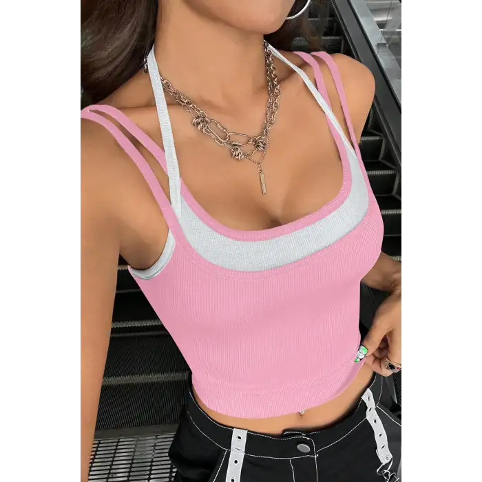 Kadın Pembe Beyaz Çift Renk Çapraz Askılı Crop Top Bluz – Şık, Rahat ve Kolay Kombinlenebilir