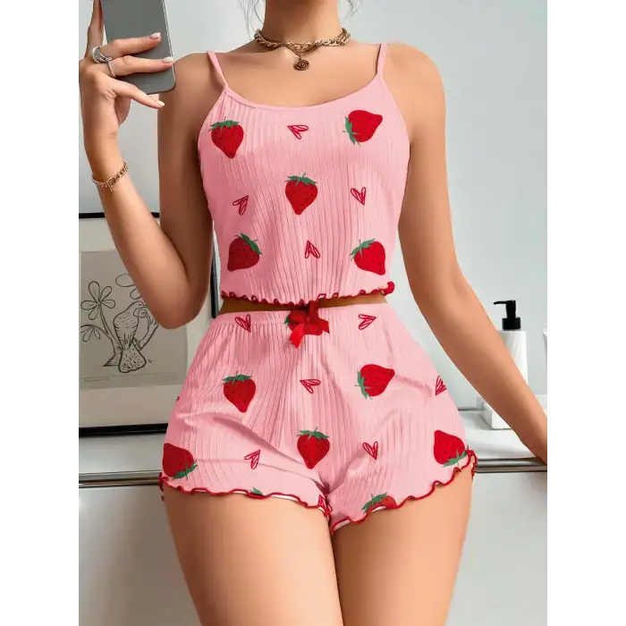 Kadın Pembe Çilek desenli Şortlu Pijama Takımı 5056