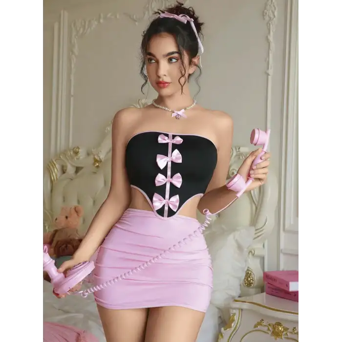 Kadın Pembe Etekli Fiyonk Detaylı Fantezi Elbise 2154