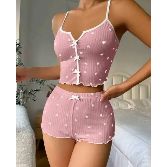 Kadın Pembe Kalpli Askılı Şortlu Pijama Takım 5009