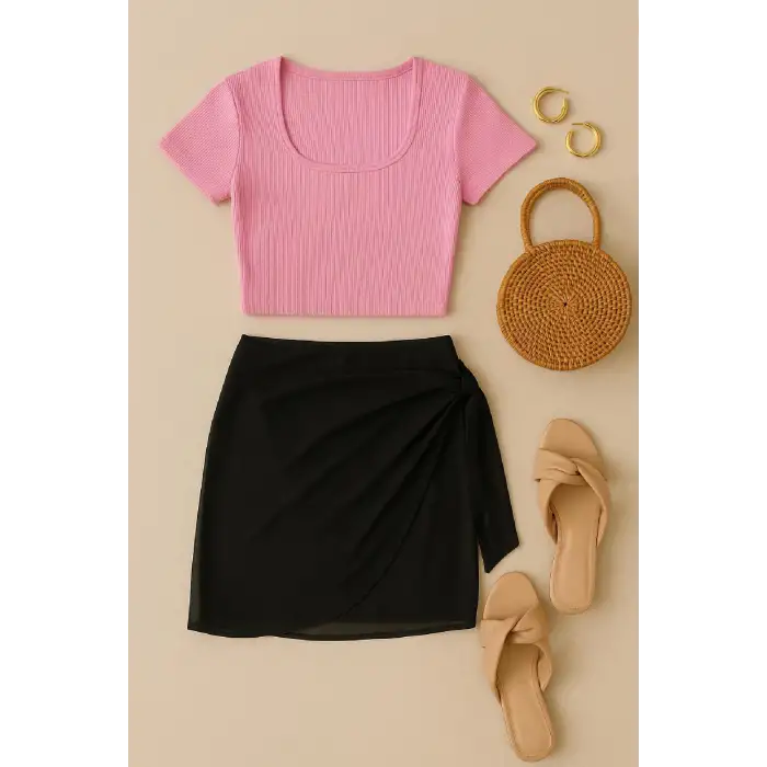 Kadın Pembe Yarım Kol Crop ve Siyah Pareo 2li Set – Modern ve Şık Tasarım