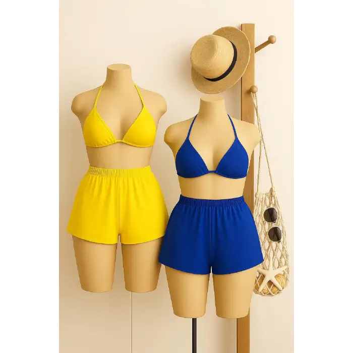 Kadın Sarı ve Mavi Şortlu Belden ve Boyundan Bağlamalı Bikini Takımı – Modern, Konforlu ve Günlük Kombinlere Uygun