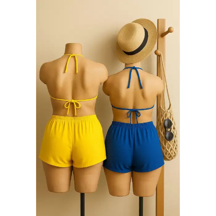 Kadın Sarı ve Mavi Şortlu Belden ve Boyundan Bağlamalı Bikini Takımı – Modern, Konforlu ve Günlük Kombinlere Uygun