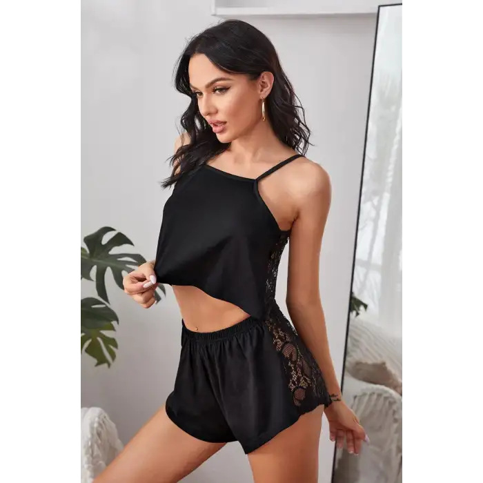 Kadın Siyah Arkası Komple Dantel Şortlu Gecelik Takım