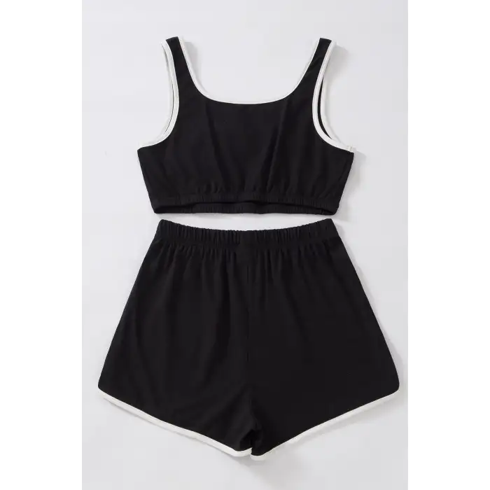 Kadın Siyah Askılı Crop Top ve Şortlu Gecelik Takım