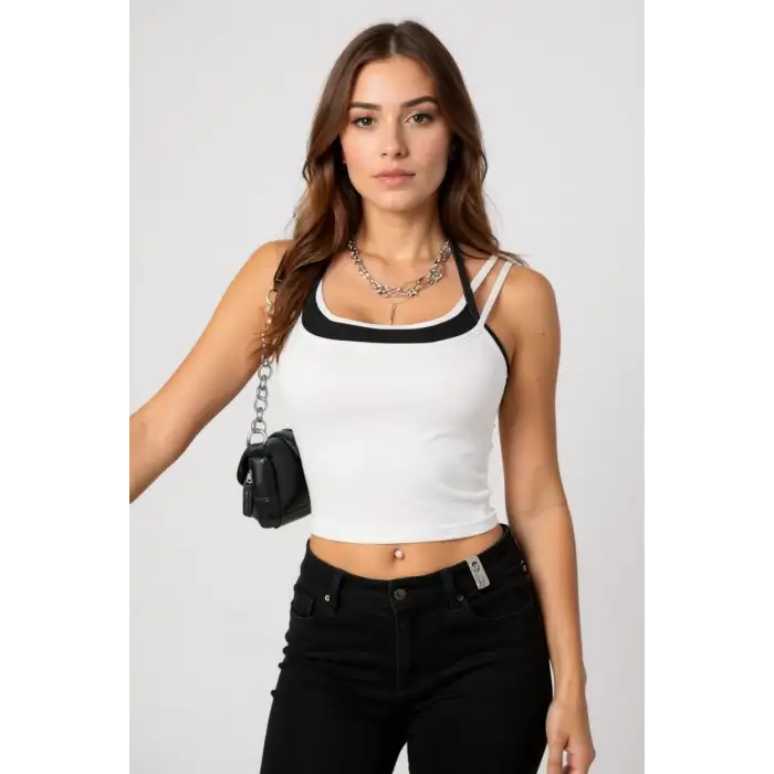 Kadın Siyah Beyaz Çift Renk Çapraz Askılı Crop Top Bluz