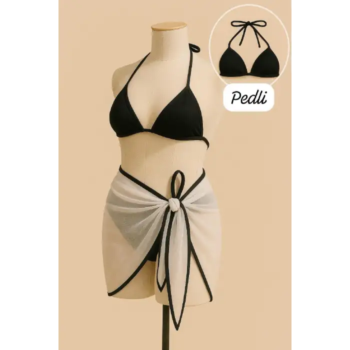 Kadın Siyah Beyaz Pareolu Yandan ve Boyundan Bağlamalı 3lü Bikini Takımı – Modern, Konforlu ve Günlük Kombinlere Uygun