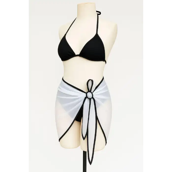 Kadın Siyah Beyaz Pareolu Yandan ve Boyundan Bağlamalı 3lü Bikini Takımı – Modern, Konforlu ve Günlük Kombinlere Uygun