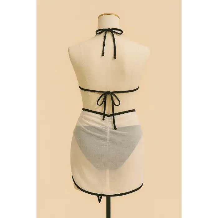 Kadın Siyah Beyaz Pareolu Yandan ve Boyundan Bağlamalı 3lü Bikini Takımı – Modern, Konforlu ve Günlük Kombinlere Uygun