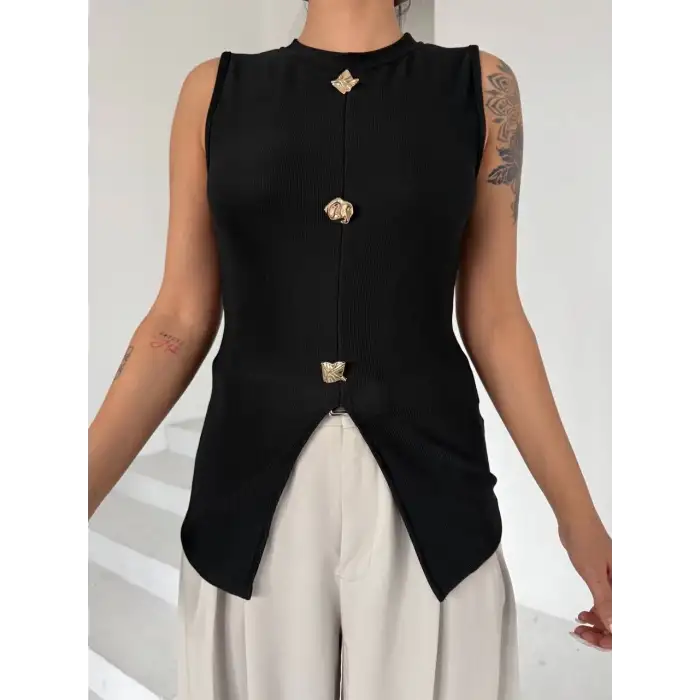 Kadın siyah bisiklet yaka gold düğmeli ottoman bluz s2310