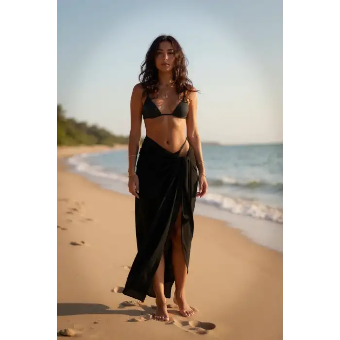 Kadın Siyah Bodrum Stili Bağlama Detaylı 150x75 Pareo – Modern ve Şık Tasarım