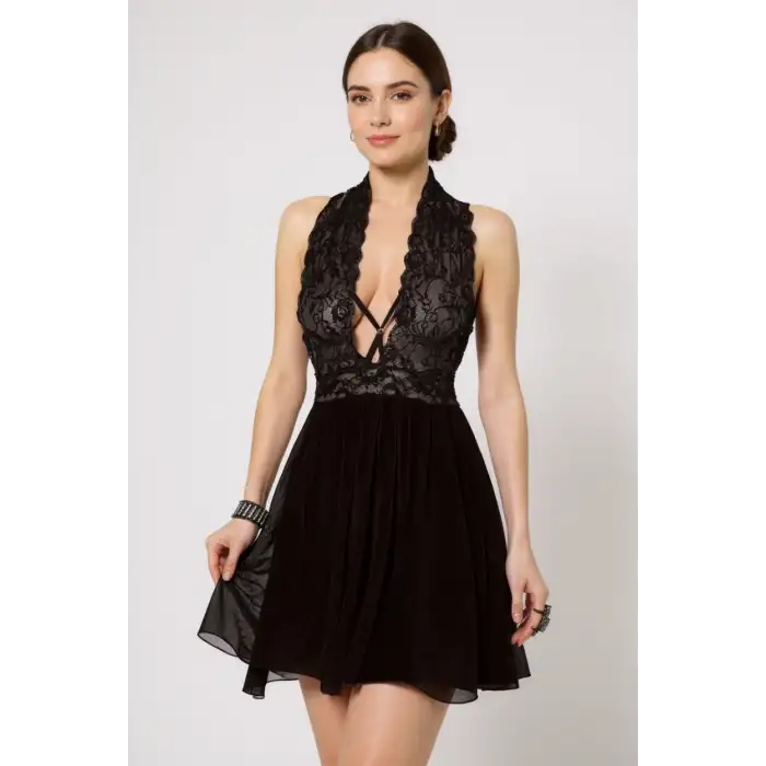 Kadın Siyah Çapraz Bağlı Kısa Tül Dantel Gecelik – Modern ve Şık Tasarım