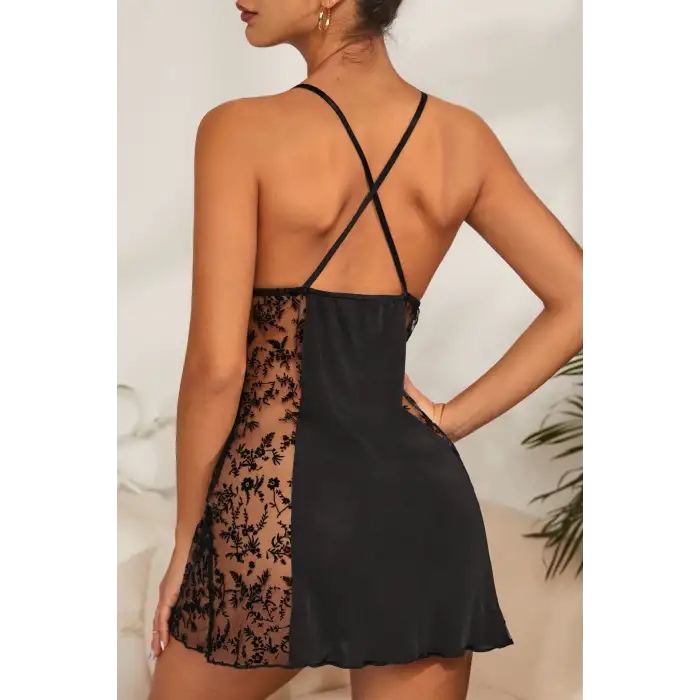 Kadın Siyah Çapraz Sırt Dekolteli Transparan Dantel Gecelik