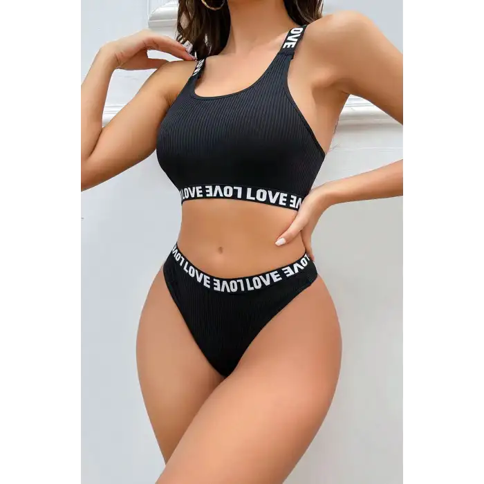 Kadın Siyah Çapraz Sırt ve Love Lastik Detaylı Sütyen Külot Takım