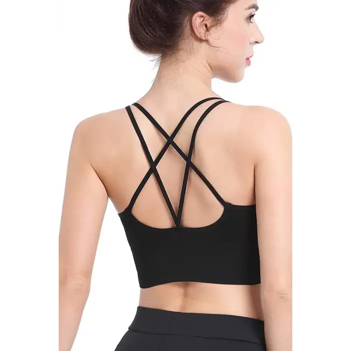 Kadın Siyah Çarpraz İpli Spor Büstiyer – Modern ve Şık Tasarım