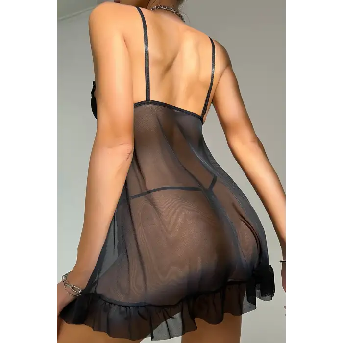 Kadın Siyah Dantelli, Fırfırlı Tül ve Fiyonk Detaylı Tangalı Gecelik Takımı